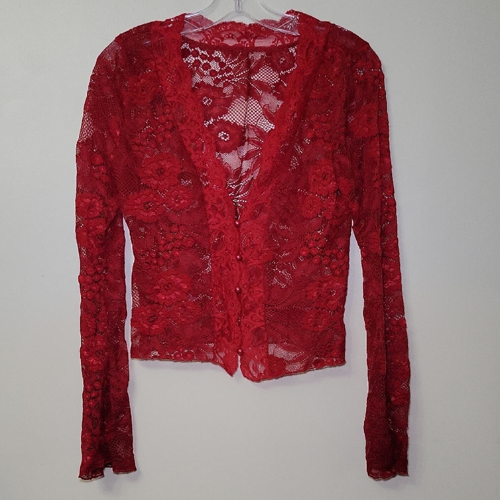 Vintage Y2K Lace Top Women XL Deep Red Whimsigoth Witchy Fairy 90s‎